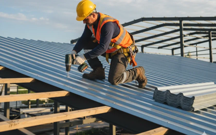 Profissional de capacete instalando telhado metálico com parafusadeira